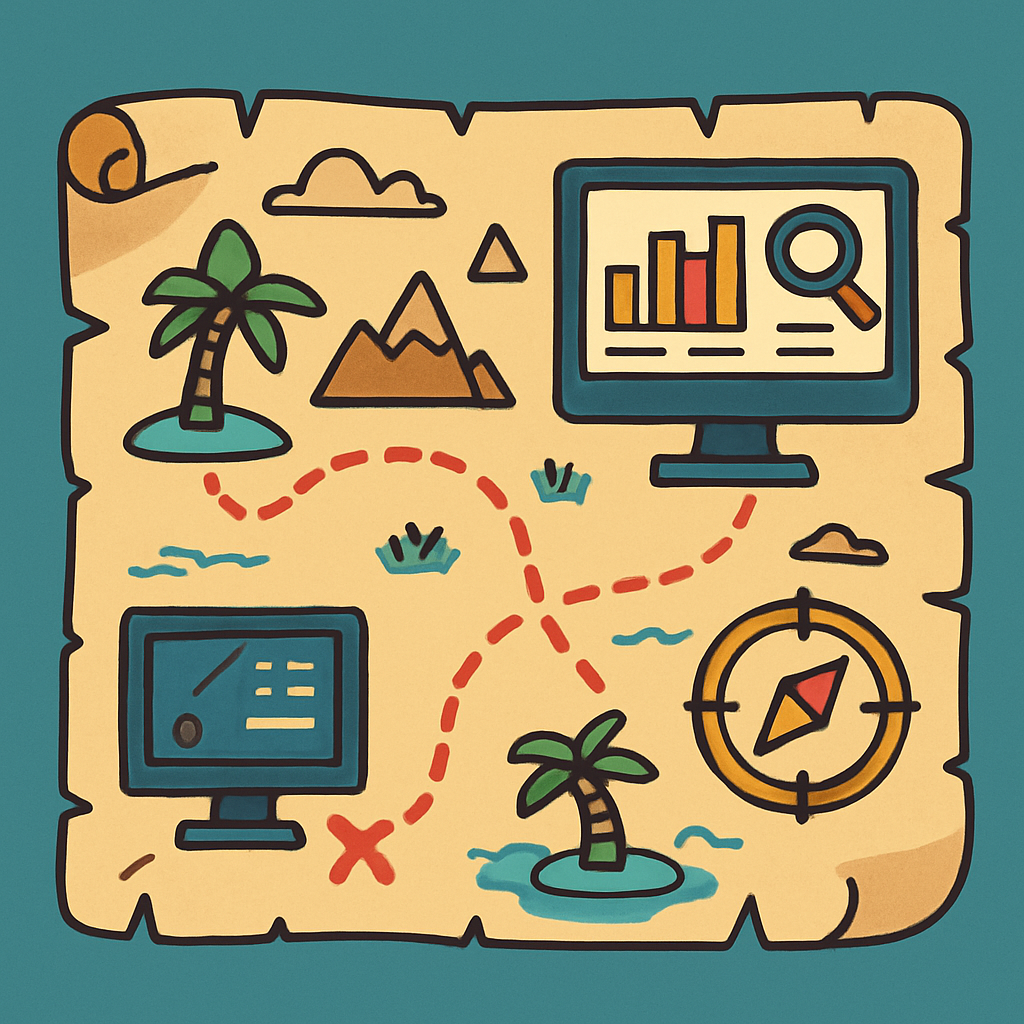 A whimsical treasure map leading to a computer screen filled with SEO keyword analytics