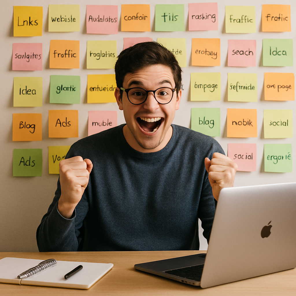 A person sitting at a desk with a laptop open, surrounded by colorful sticky notes filled with keyword ideas, looking excited about their SEO strategy