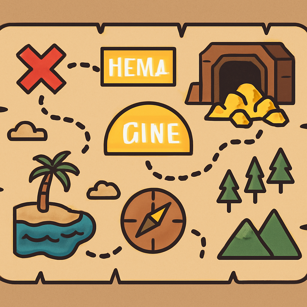 A treasure map with keywords highlighted leading to a gold mine