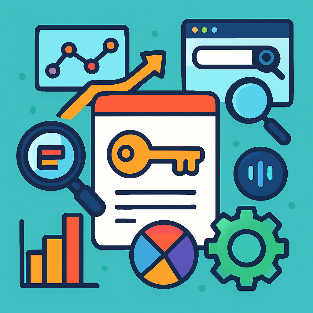 A colorful infographic depicting keyword analysis strategies with graphs and icons representing SEO tools