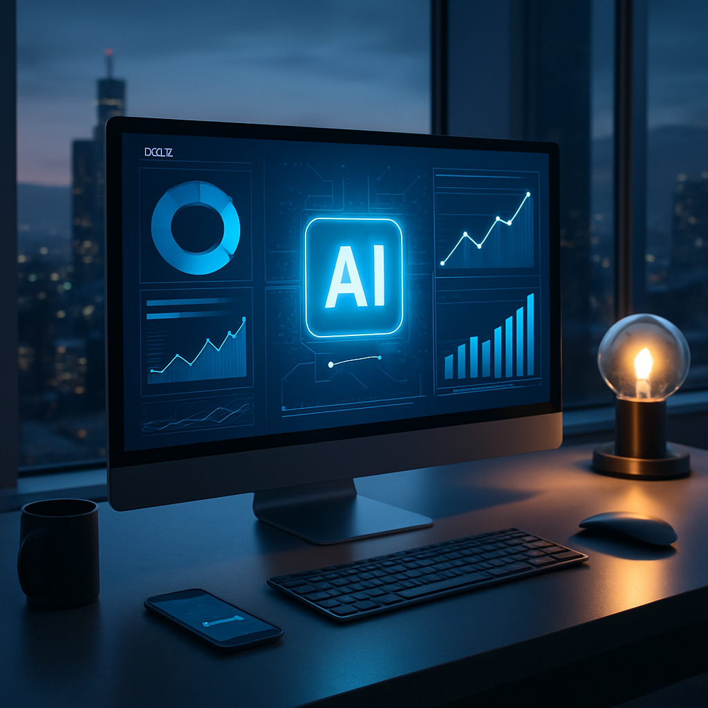 A futuristic workspace featuring a computer displaying AI-driven analytics for SEO tools, with graphs and charts showing improved search rankings.