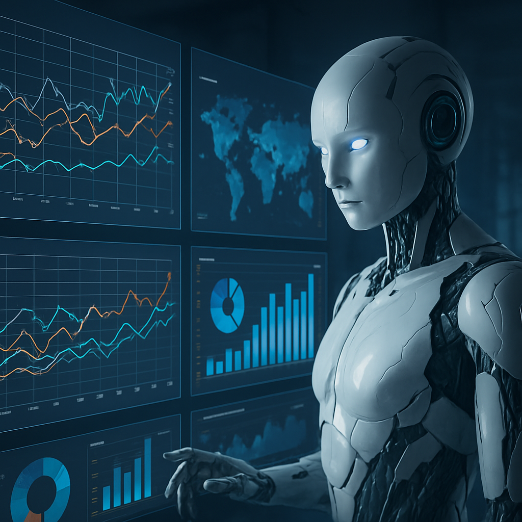 A futuristic scene depicting artificial intelligence analyzing web data with graphs and charts