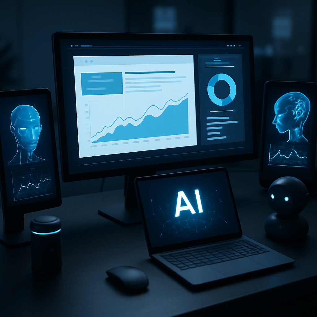 A futuristic digital workspace showing various AI tools analyzing website data for SEO improvement