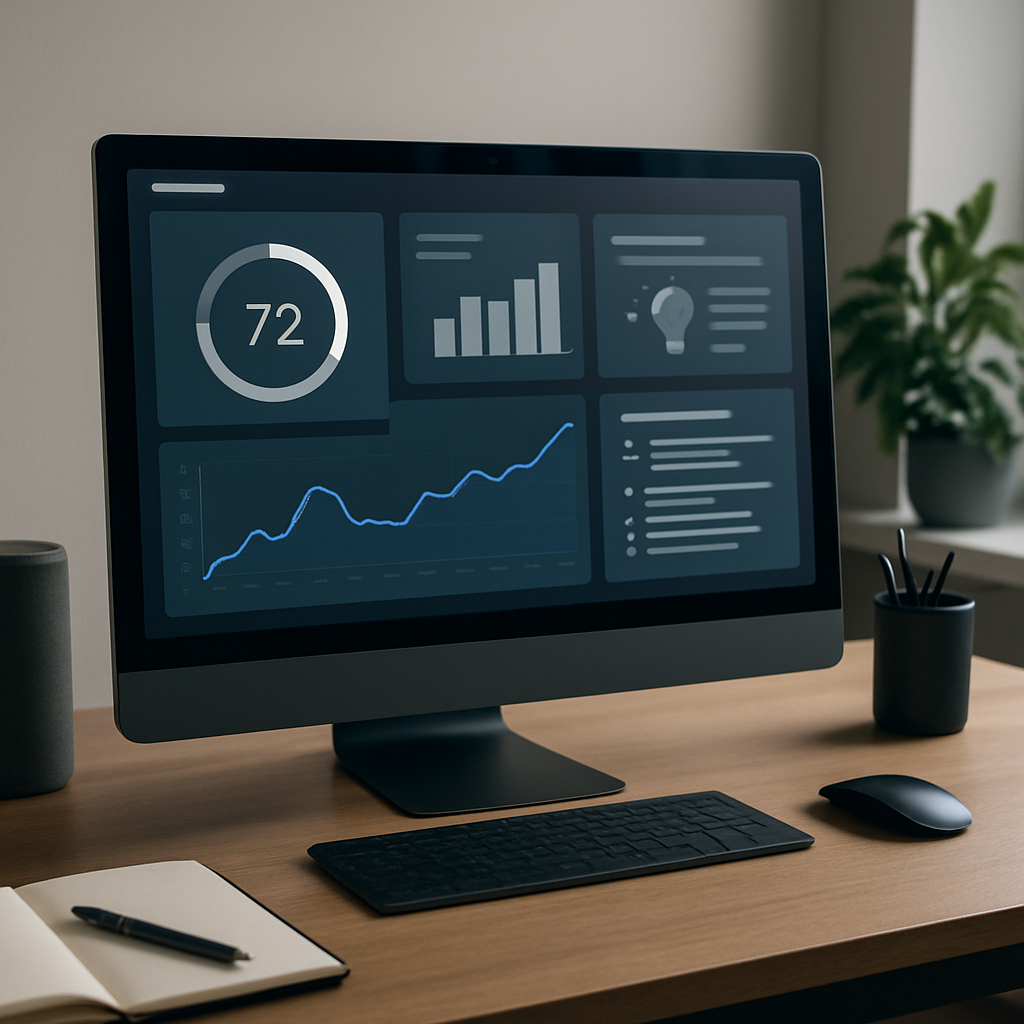 A modern workspace showing a computer screen with an AI-powered SEO tool dashboard displaying analytics, graphs, and optimization suggestions.