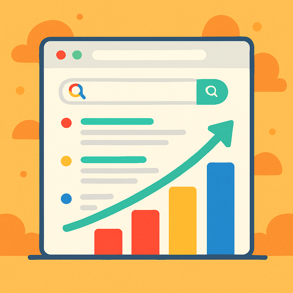 A vibrant illustration depicting search engine results with colorful graphs showing growth in visibility