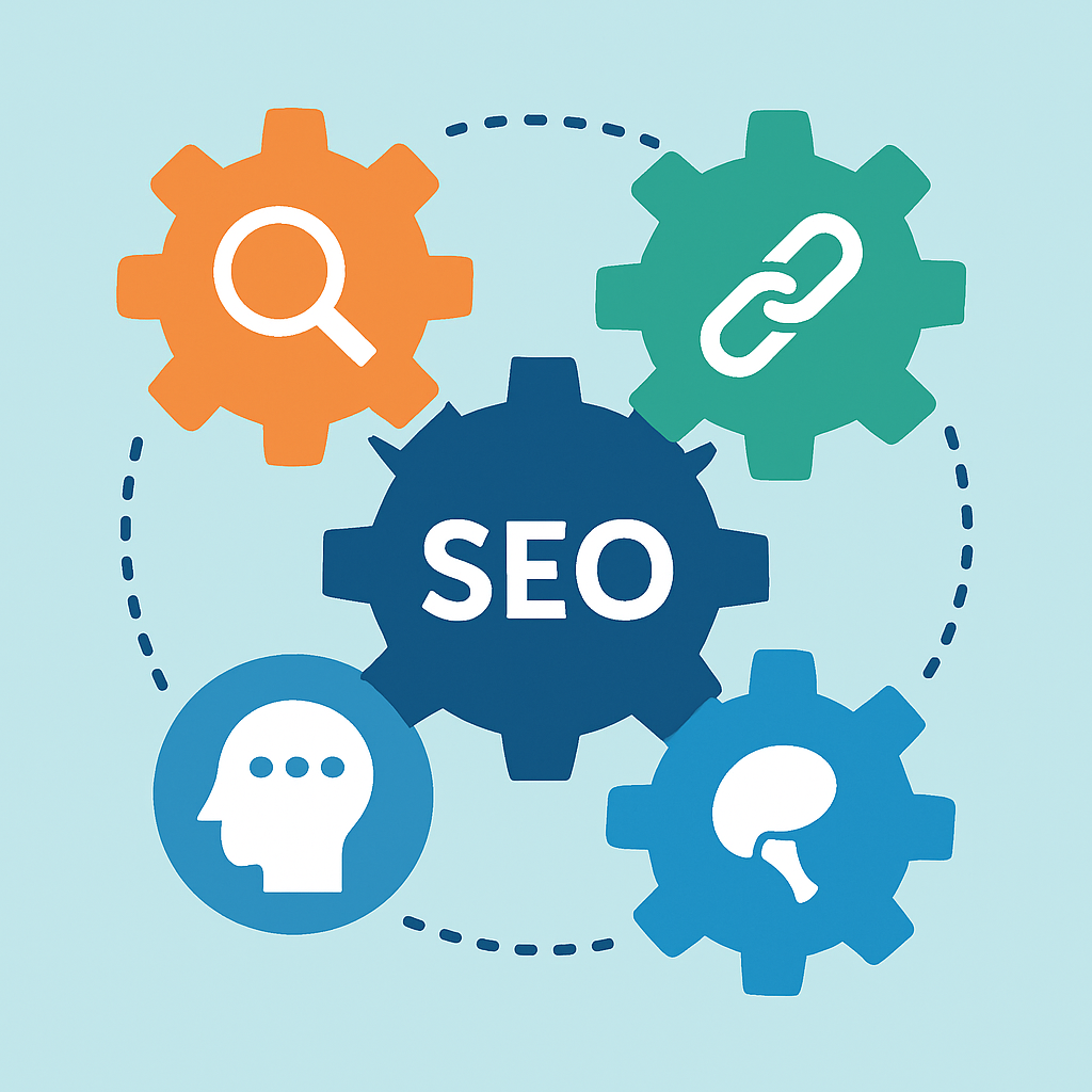 A visual representation of SEO ranking strategies with elements like keywords, backlinks, and user experience shown as interconnected gears