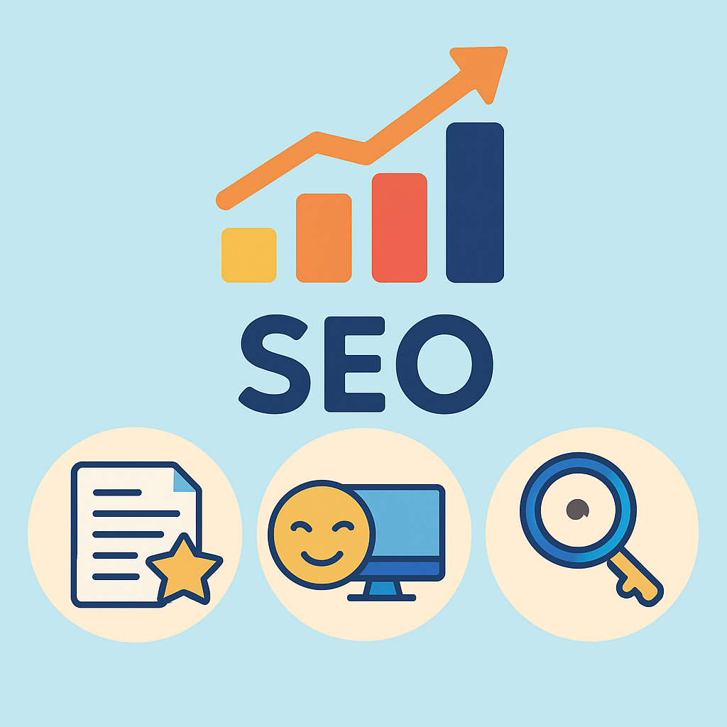 A visual representation of SEO ranking factors with icons depicting content quality, user experience, and keyword strategy