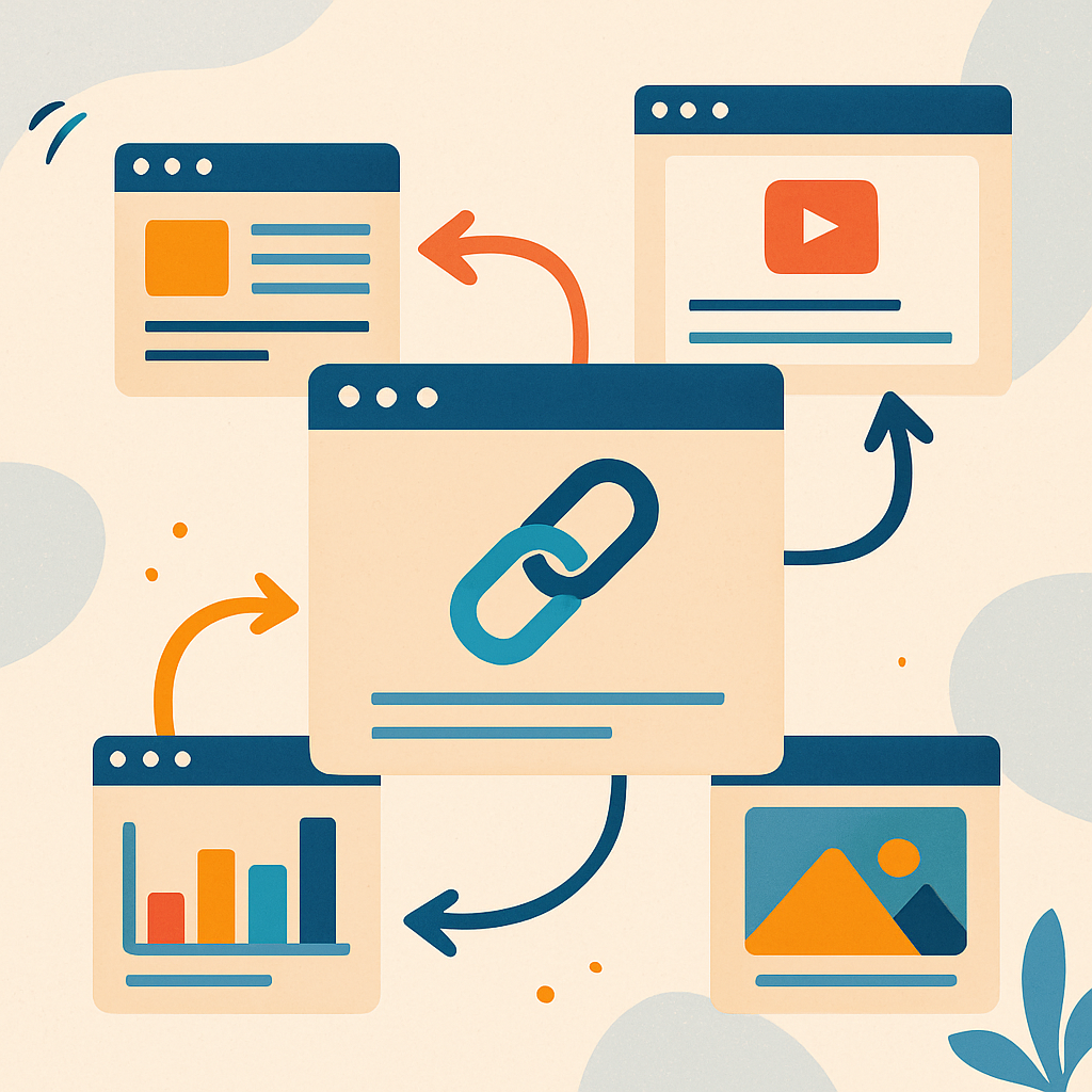 A creative illustration depicting backlink strategies in digital marketing with visual elements like arrows connecting different websites