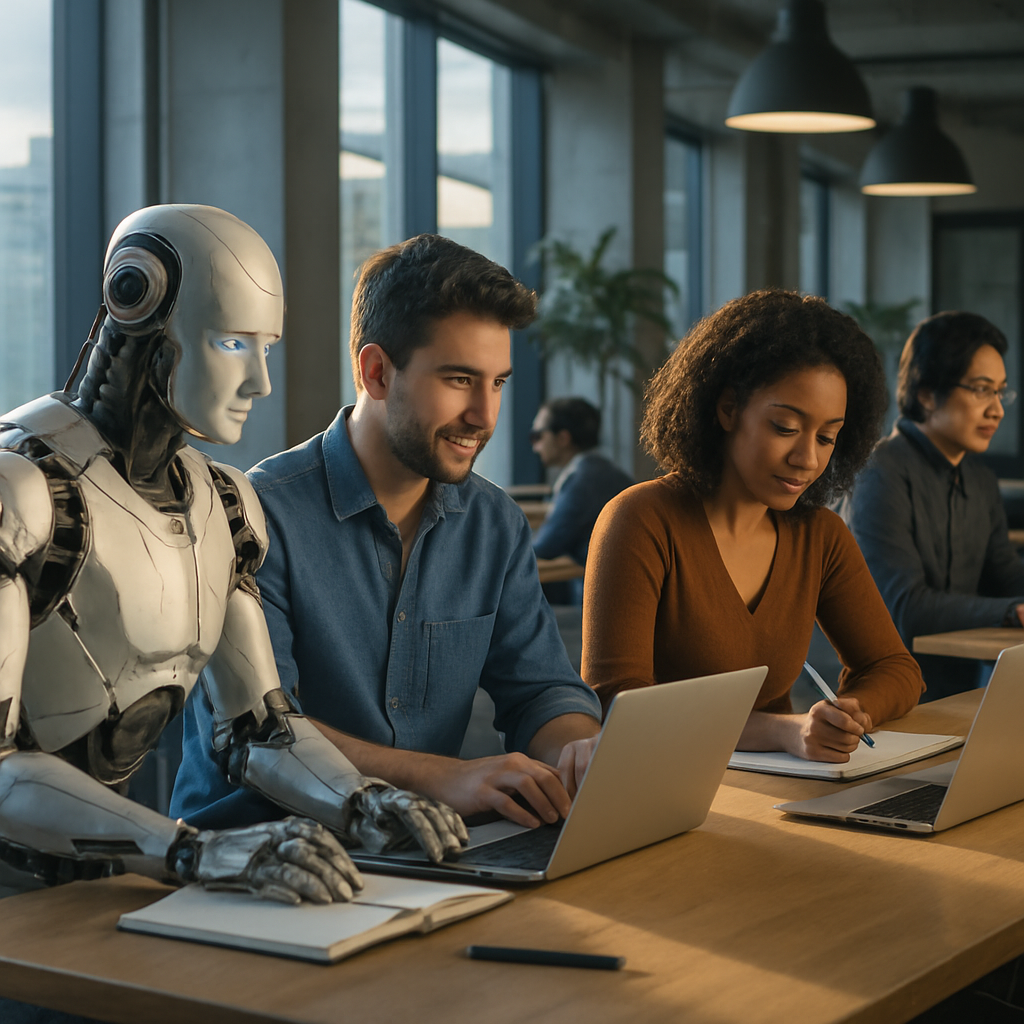 A futuristic scene depicting AI writers and human writers collaborating in a creative workspace