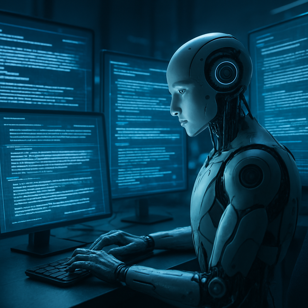 A futuristic representation of an AI writer at work with digital screens displaying text generation processes