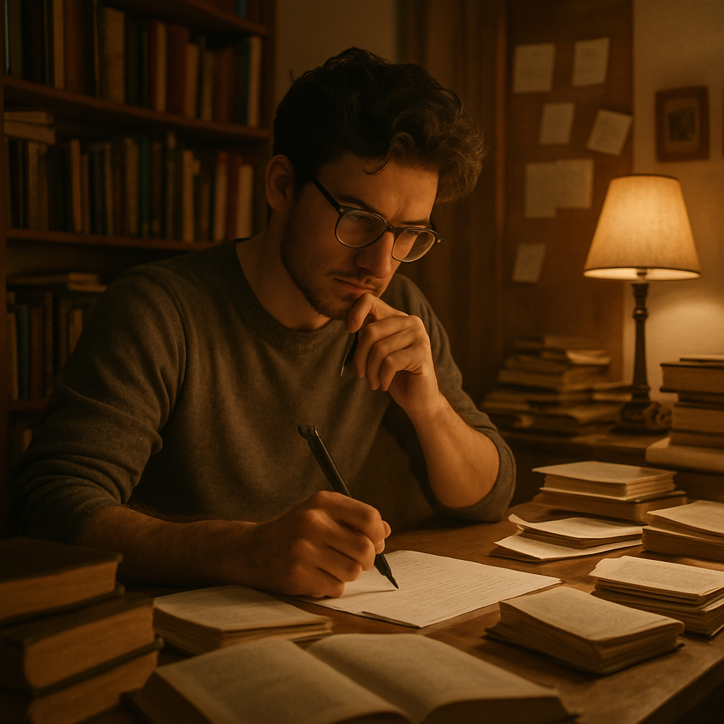 A creative writer at a desk surrounded by books and notes, brainstorming ideas for a story. The room is cozy with warm lighting.