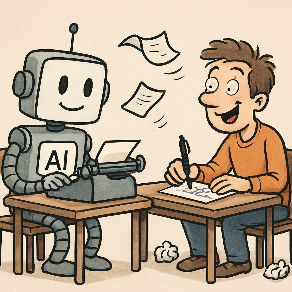 A whimsical illustration comparing AI writing tools and human writers in a fun way