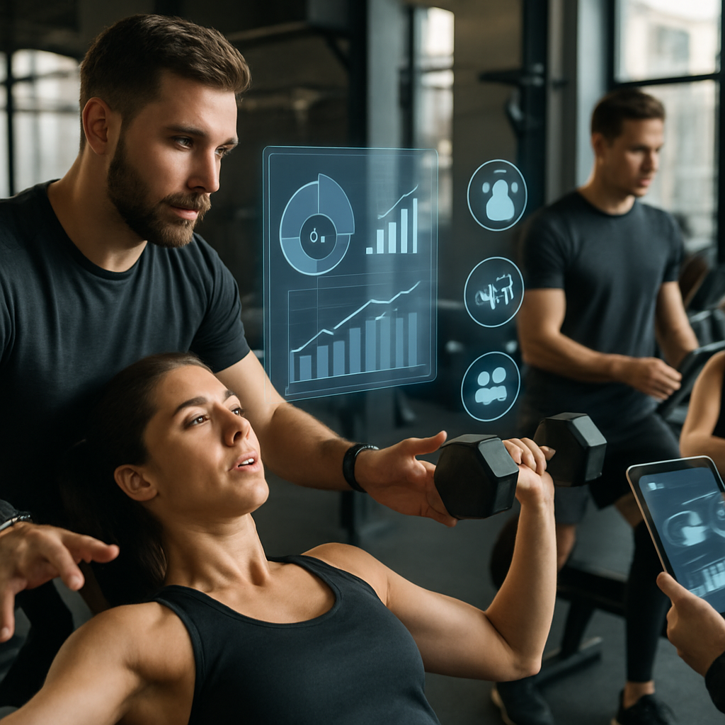 A modern gym environment showcasing advanced marketing technology tools being used by trainers and clients