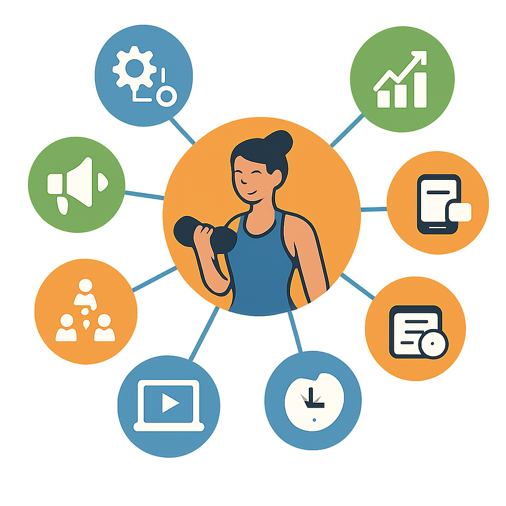 An infographic showing the integration of various marketing automation tools in a fitness business