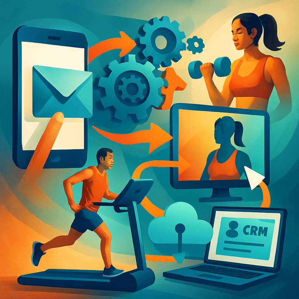 A vibrant illustration depicting various strategies for fitness marketing automation including personalized emails and CRM integration