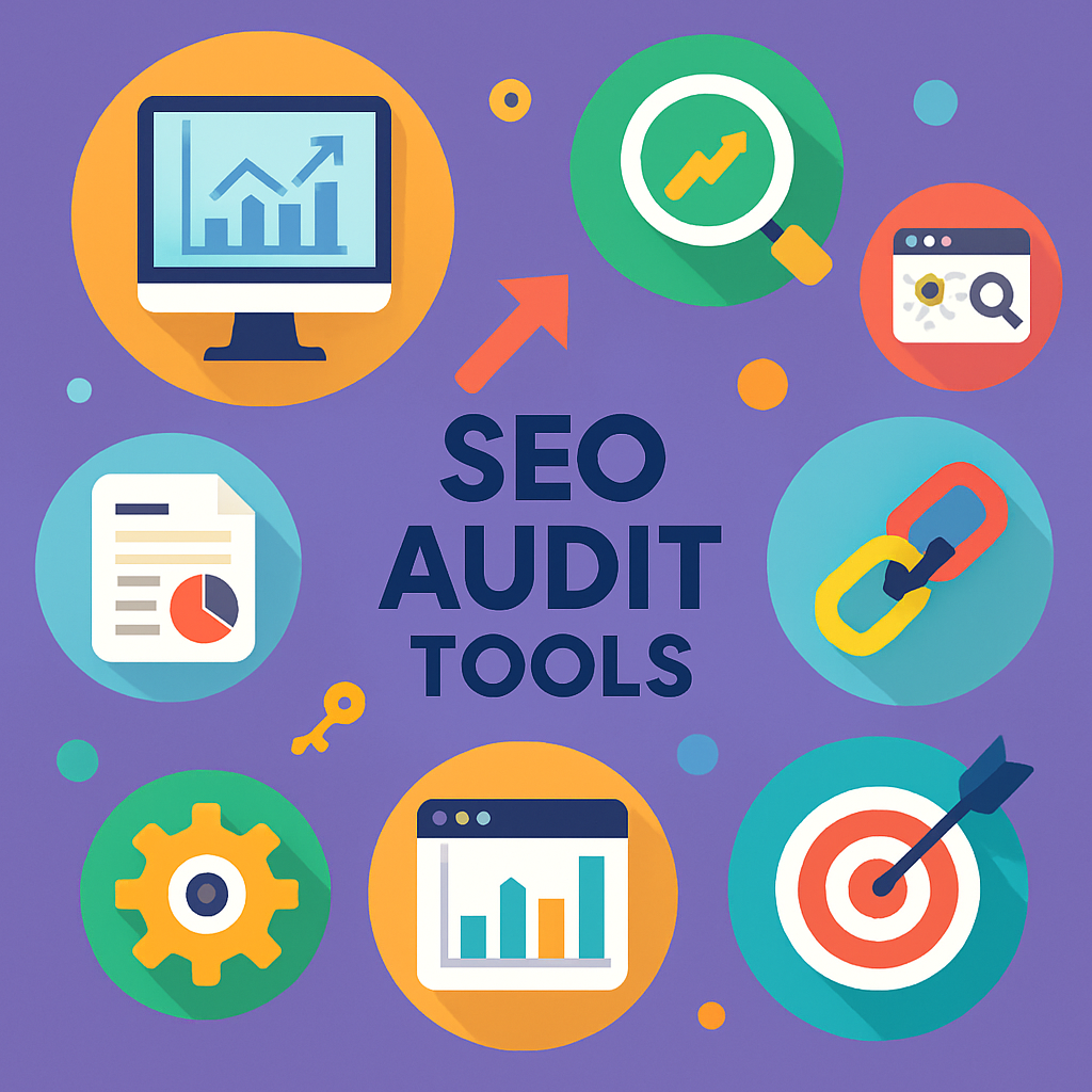 A colorful infographic showing various types of SEO audit tools with icons representing features like keyword analysis, backlink checking, and site health checks