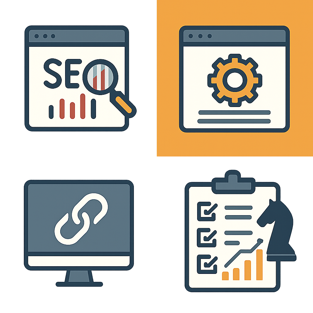 An infographic showcasing different types of SEO audit tools with icons representing technical analysis, on-page optimization, backlink checking, and competitor analysis