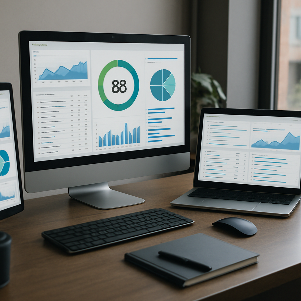 A modern digital workspace showcasing various SEO audit tools on computer screens