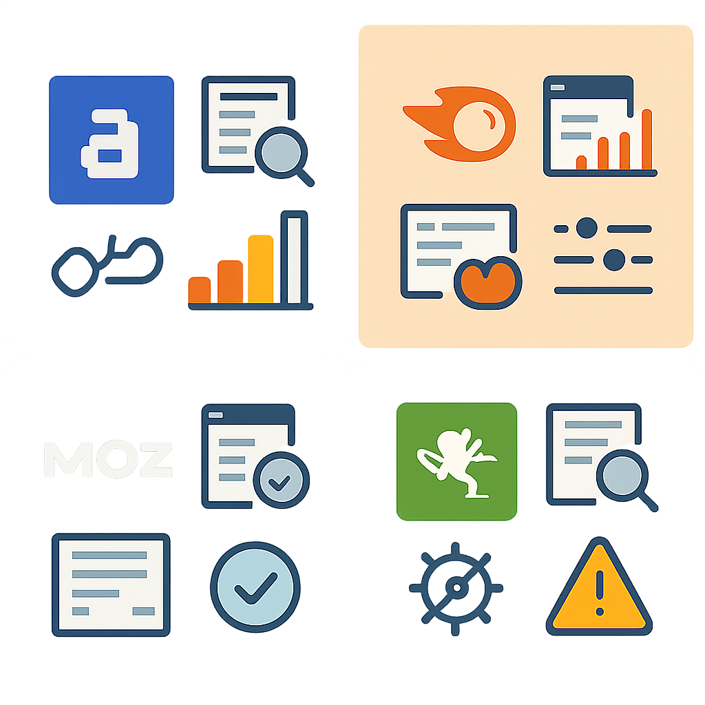A visual comparison chart of popular SEO audit tools with logos and key features highlighted