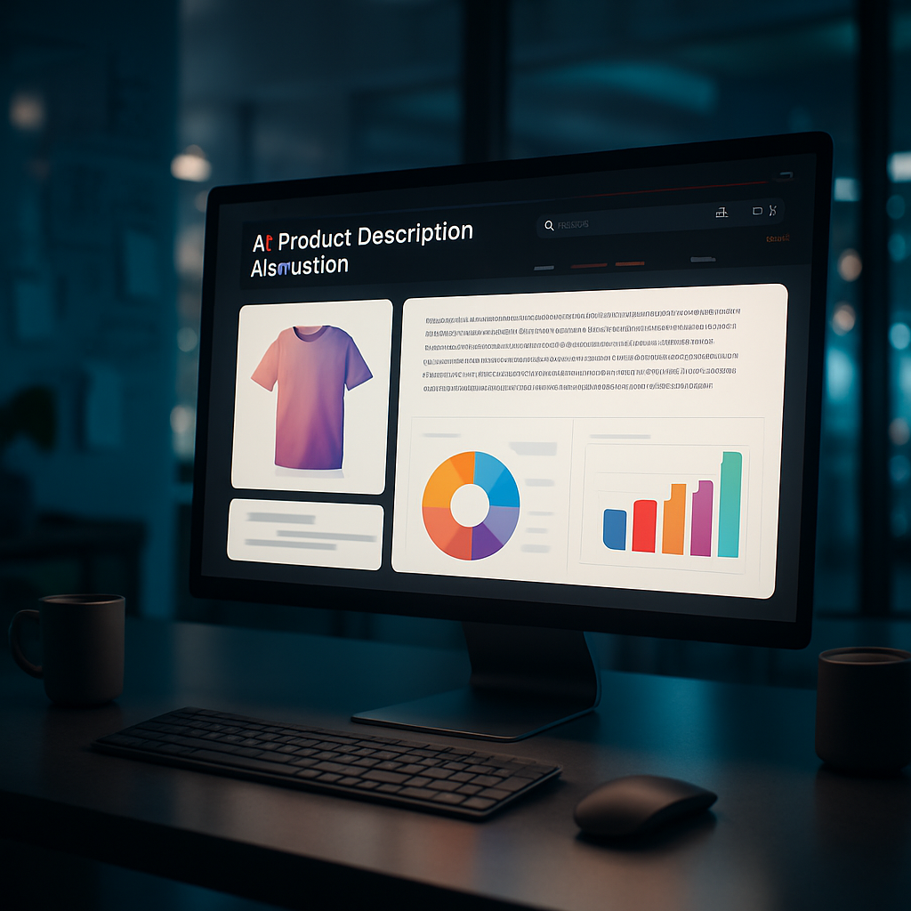 A futuristic workspace with a computer screen displaying an AI product description generator in action, showcasing colorful charts and engaging text being generated for a retail website.