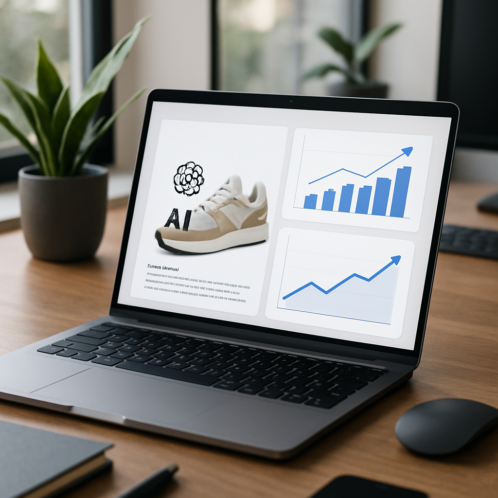 A modern digital workspace showcasing an AI product description generator in action, with graphs showing increased sales and customer engagement