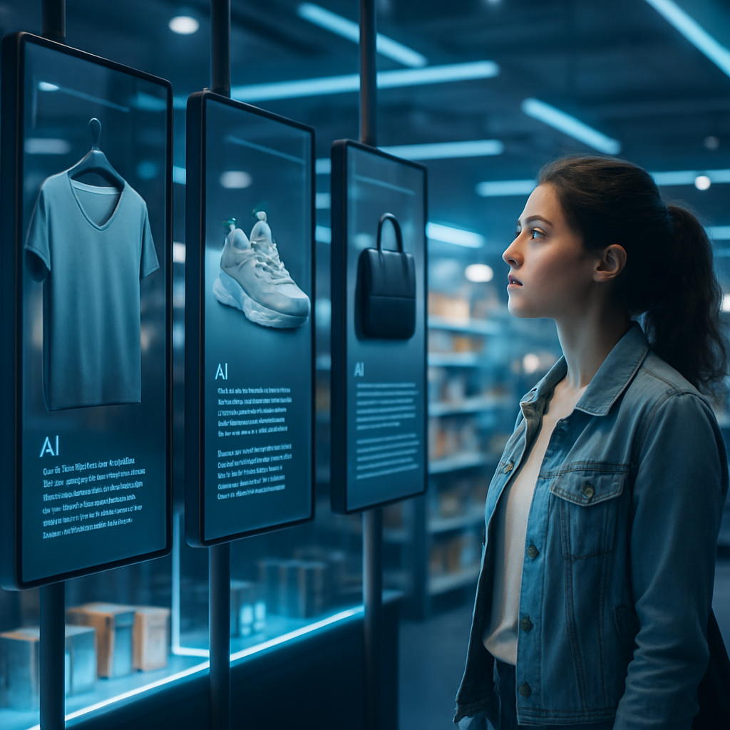A futuristic e-commerce setting showcasing AI technology in action with digital screens displaying automated product descriptions