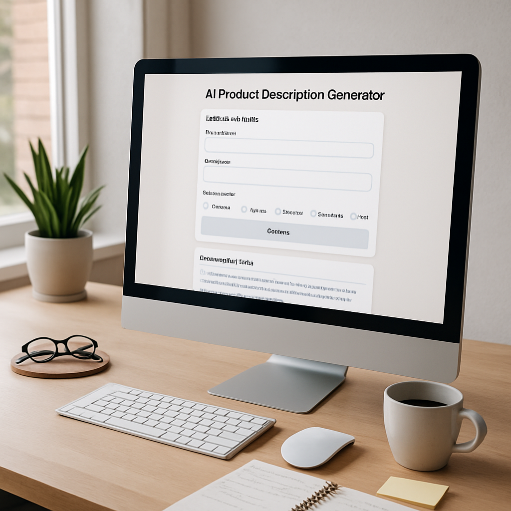 A modern workspace featuring a computer screen displaying an AI product description generator interface alongside notes and coffee