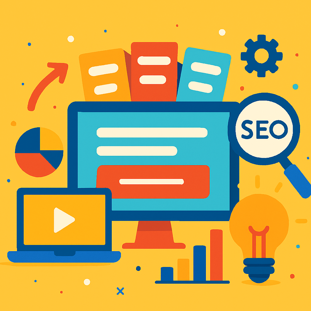 A colorful digital scene depicting various SEO tools and keywords coming together to form creative titles