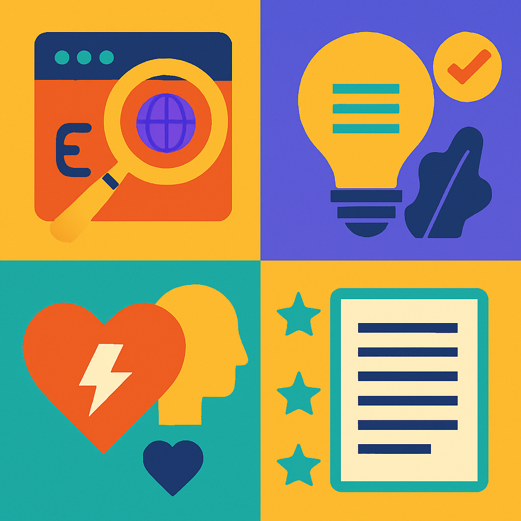 A vibrant infographic showcasing key elements of effective titles for SEO, including keyword integration, readability tips, and emotional triggers.