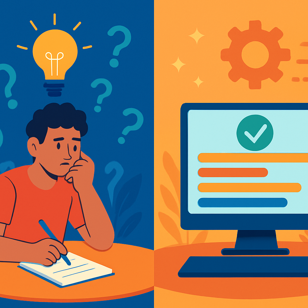 A vibrant illustration showing a comparison between manual and automated title generation methods, featuring a person brainstorming ideas on one side and a computer generating titles on the other, colorful and engaging