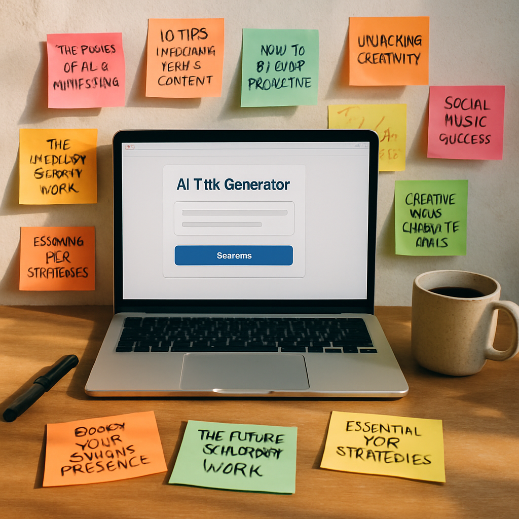 A creative workspace featuring a laptop displaying an AI title generator tool, colorful sticky notes with catchy blog post titles, and a coffee mug