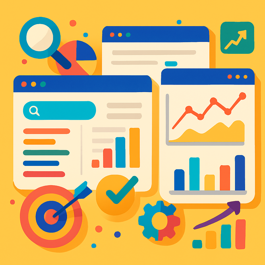 A vibrant illustration of various digital marketing tools such as keyword research software, content optimization platforms, and analytics dashboards with colorful graphs and charts