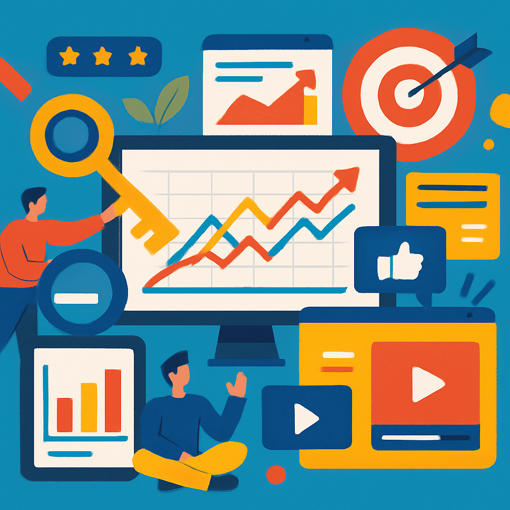 A vibrant illustration depicting various digital content optimization tools in action, showcasing graphs, keywords, and user engagement metrics