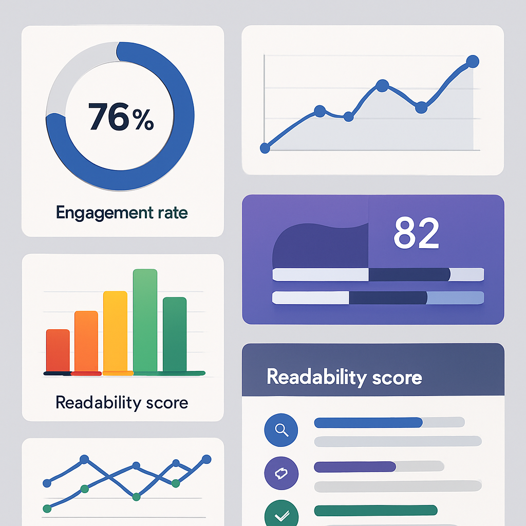 A modern digital dashboard showcasing various metrics for content analysis including engagement rates, readability scores, and SEO performance