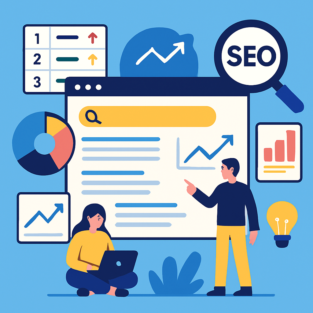 A visually engaging infographic showing the importance of SERP analysis tools in SEO strategies, featuring keyword rankings, competitor insights, and optimization tips