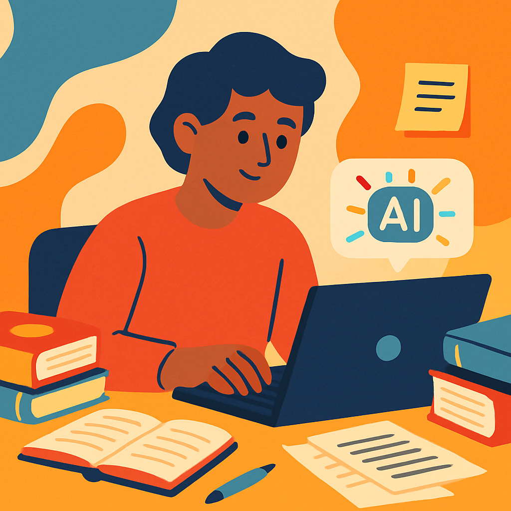 A colorful illustration of a person using an AI writing assistant on their laptop, surrounded by books and notes