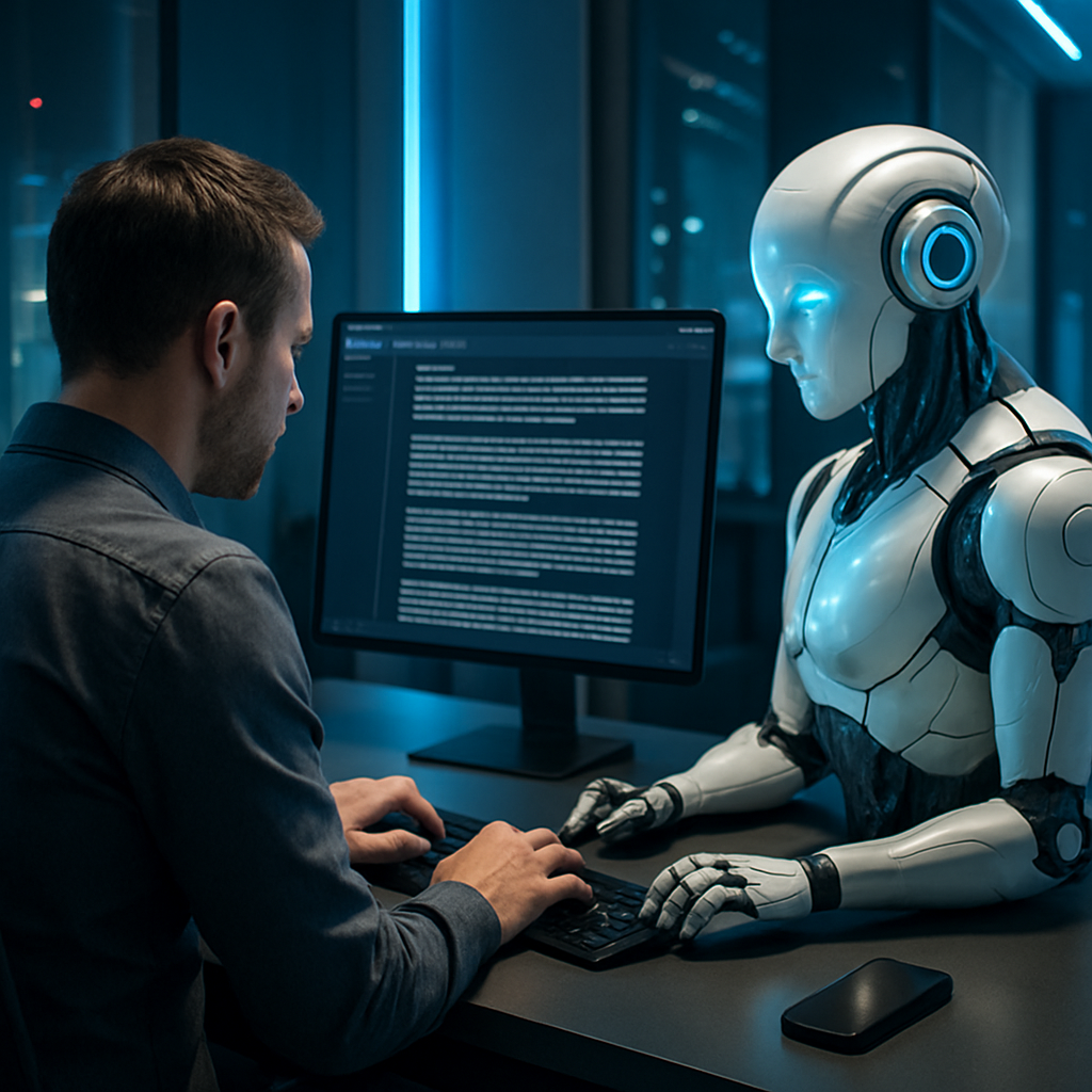 A futuristic workspace featuring an AI assistant helping a person write paragraphs on a computer