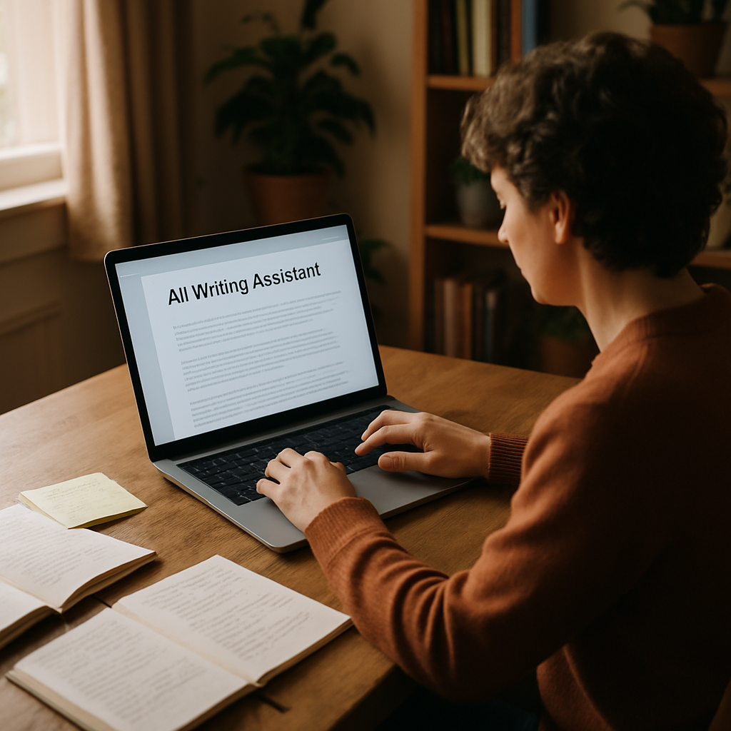 A person using an AI writing assistant on their laptop, surrounded by notes and coffee, in a cozy home office setting