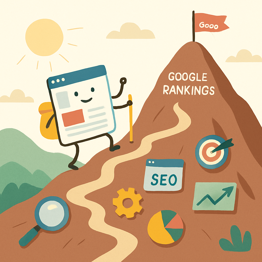 A whimsical illustration of a website climbing a mountain labeled 'Google Rankings', with various SEO tools scattered along the path