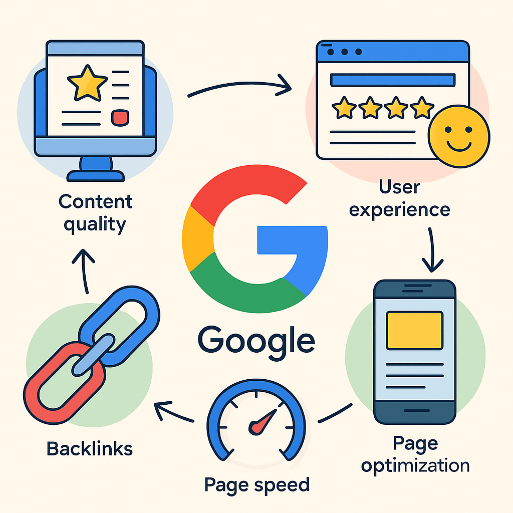 An infographic showing how Google's ranking algorithm works with visuals depicting SEO factors like content quality, user experience, backlinks, mobile optimization, and page speed.
