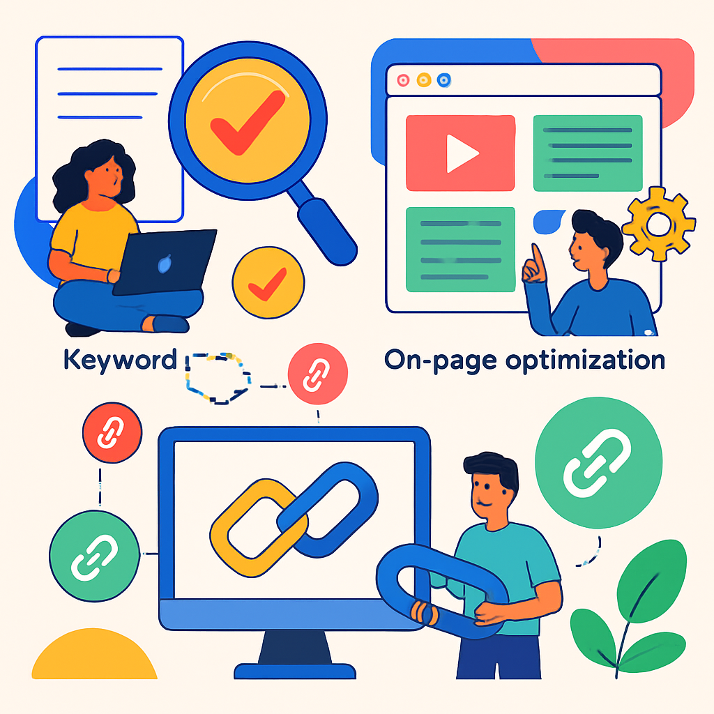 A colorful infographic illustrating effective SEO strategies like keyword research, on-page optimization, and backlink building