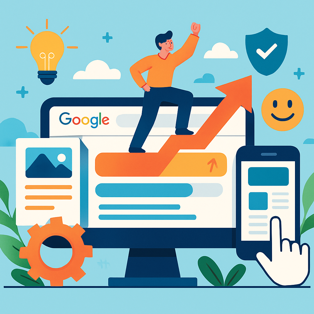 A vibrant illustration showing a website ranking higher on Google with elements representing SEO strategies like quality content, user experience, and mobile optimization