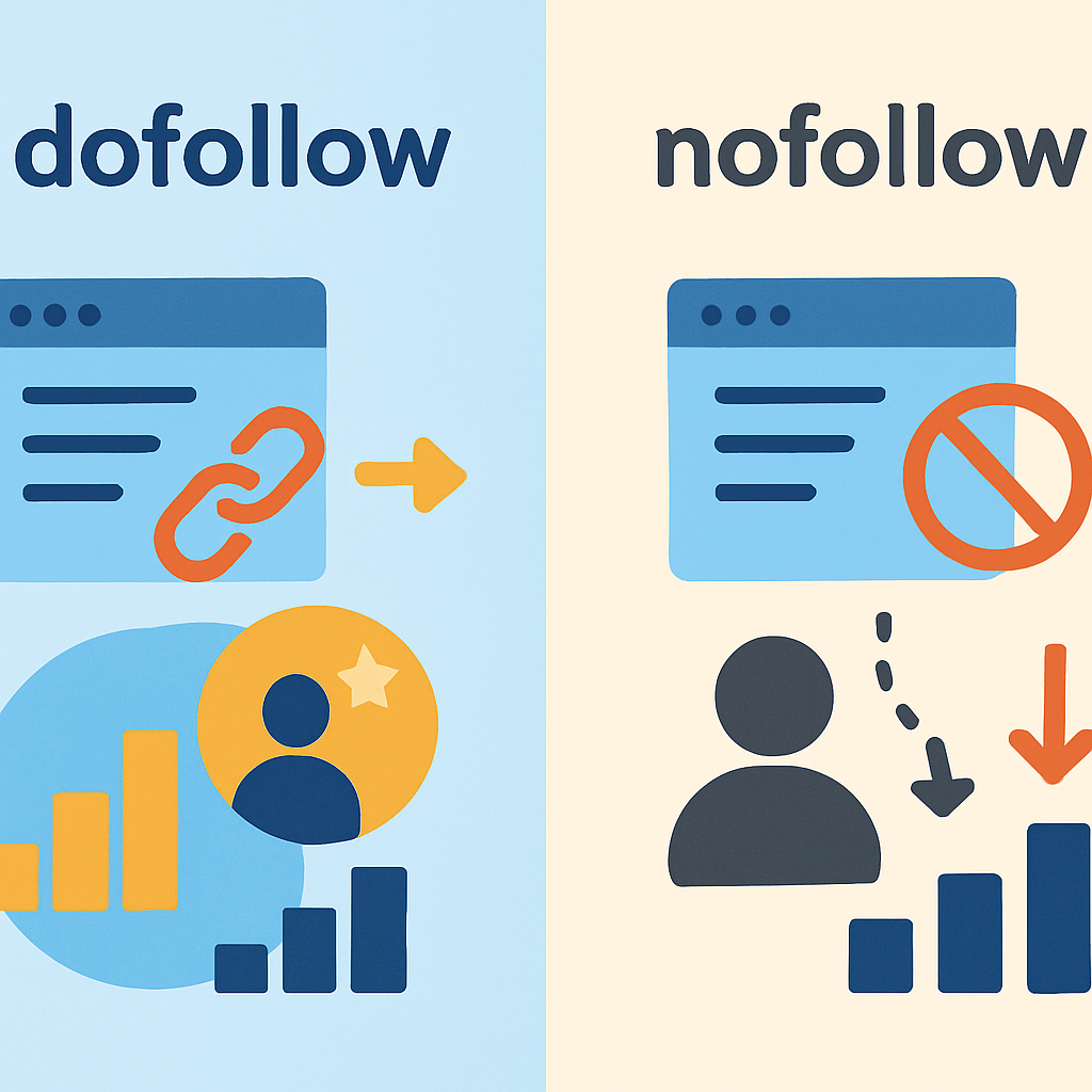 A visual comparison chart showing dofollow vs nofollow links with illustrations representing authority transfer and SEO impact