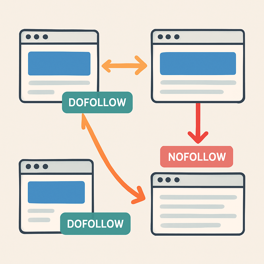 A visual representation of external linking best practices for SEO success featuring arrows connecting various websites with dofollow and nofollow attributes highlighted