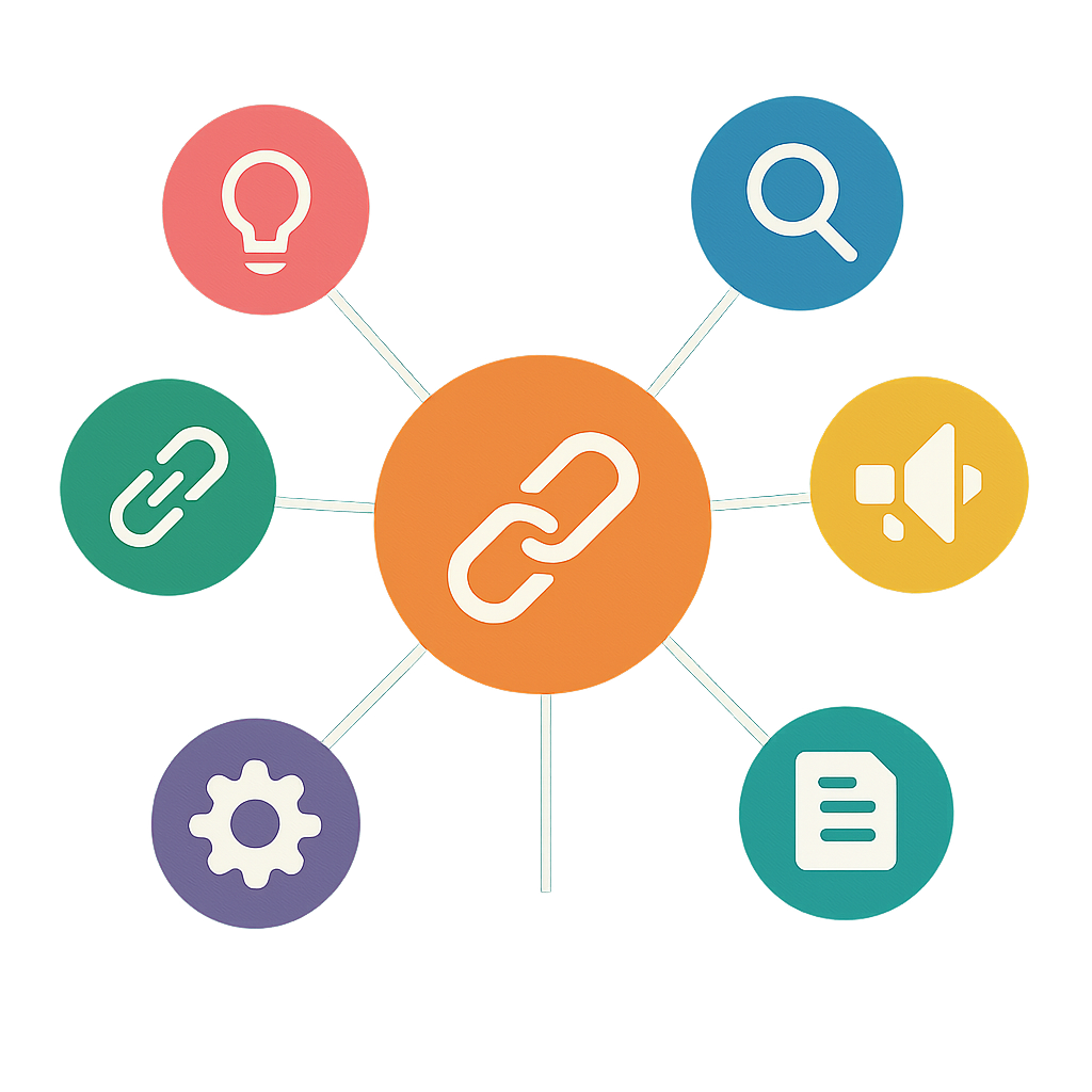 A visually appealing infographic illustrating the hub and spoke model in SEO with interconnected topics