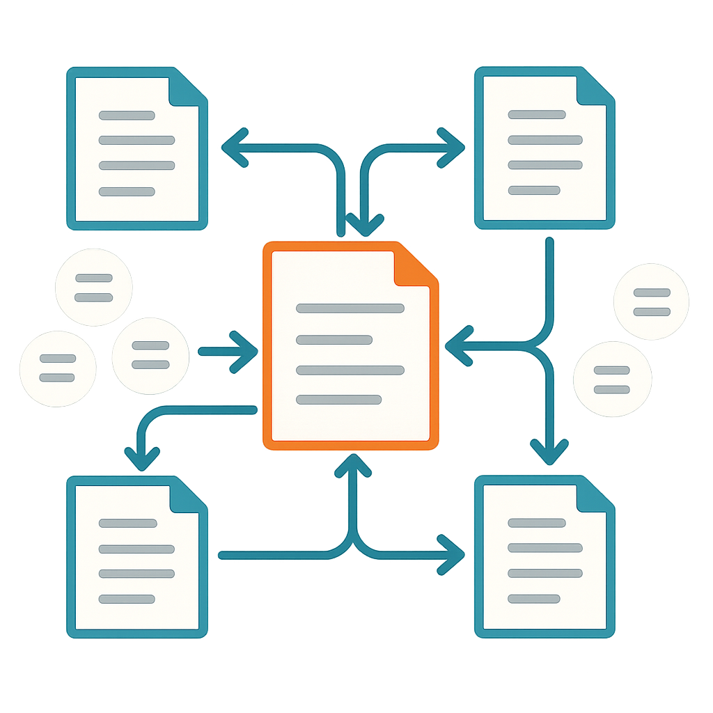 A creative infographic illustrating an internal linking strategy within topic clusters, showcasing how different articles connect with arrows and flowcharts