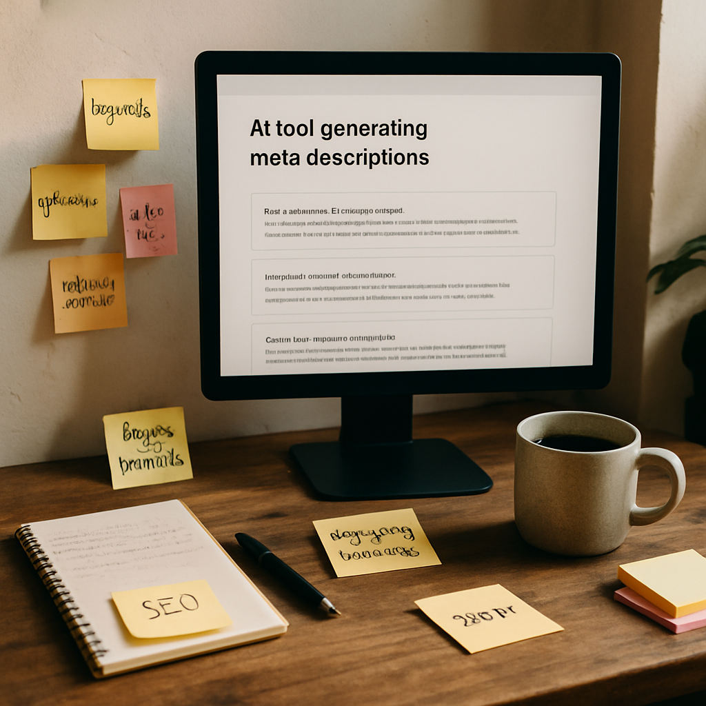 A creative workspace featuring an AI tool generating meta descriptions on a computer screen surrounded by notes and coffee