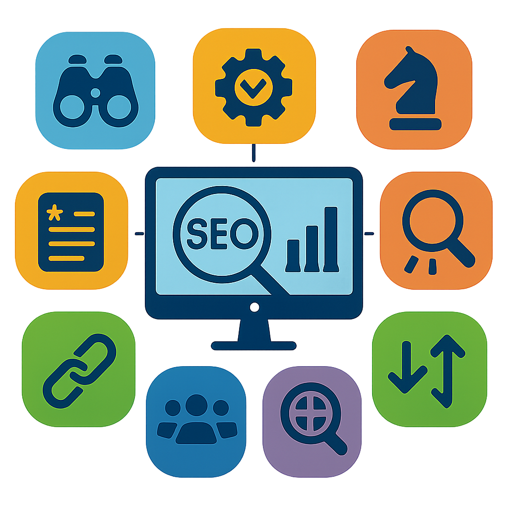 A colorful infographic showing key features of effective SEO competitor analysis tools