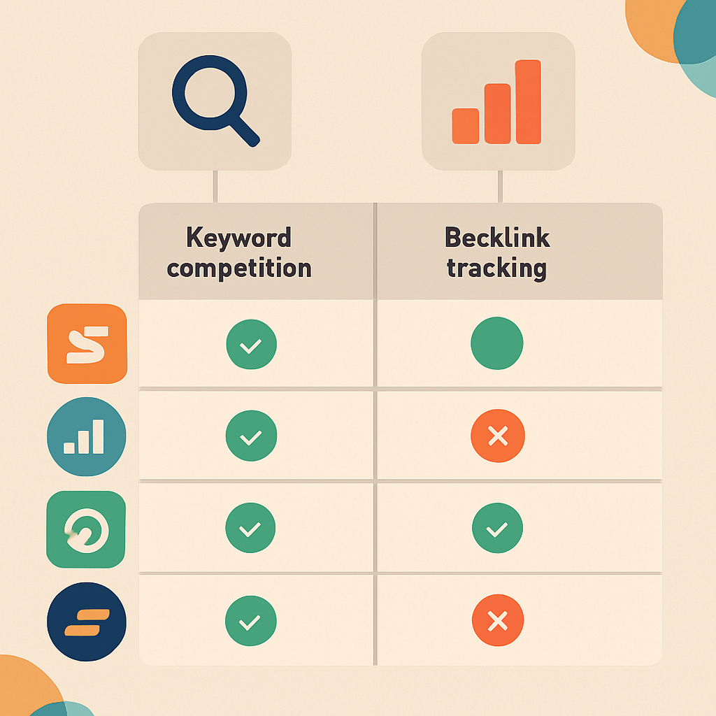 A visually appealing infographic comparing keyword competition analysis and backlink tracking capabilities of different SEO tools
