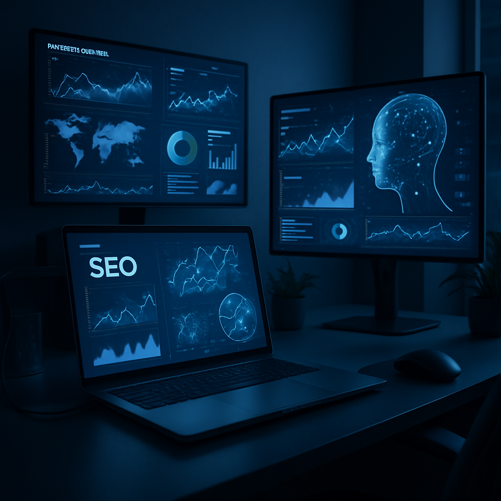 A futuristic digital marketing workspace with advanced SEO tools displayed on screens showing predictive analytics and AI-driven insights
